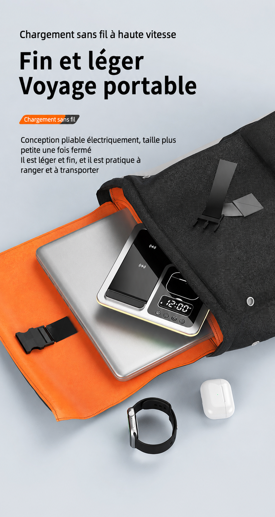 Support de Charge 3-en-1 Pliable Multifonction sans-fil avec Horloge LED