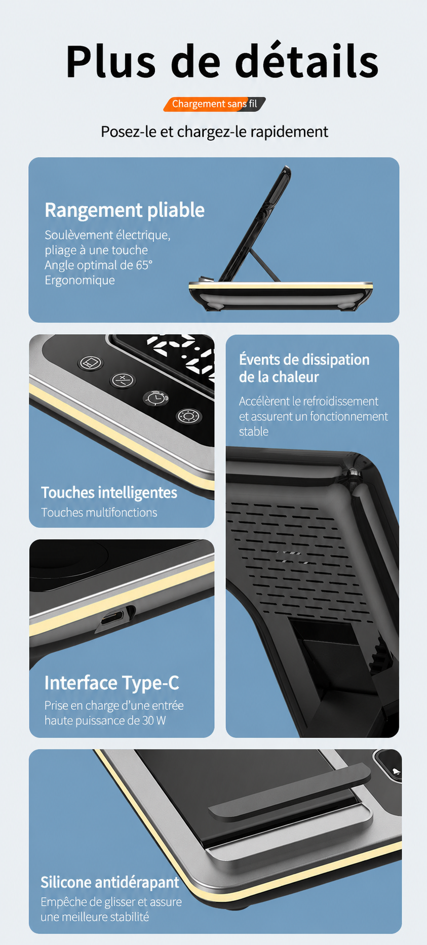 Support de Charge 3-en-1 Pliable Multifonction sans-fil avec Horloge LED