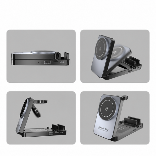 Chargeur sans fil pliable 5-en-1 avec support magnétique – Gris noir