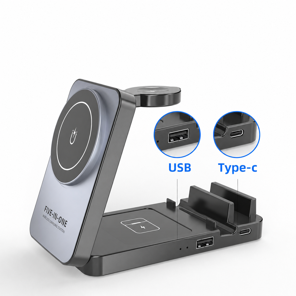 Chargeur sans fil pliable 5-en-1 avec support magnétique – Gris noir