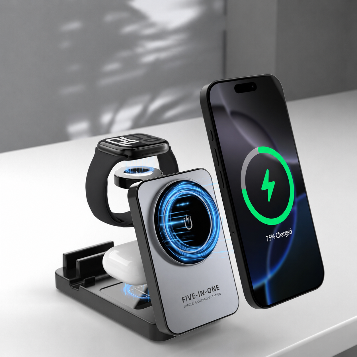 Chargeur sans fil pliable 5-en-1 avec support magnétique – Gris noir